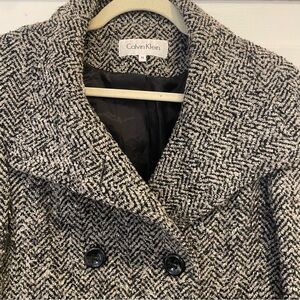 Calvin Klein Wool Blend Women's Black & White Herringbone Pea Coat